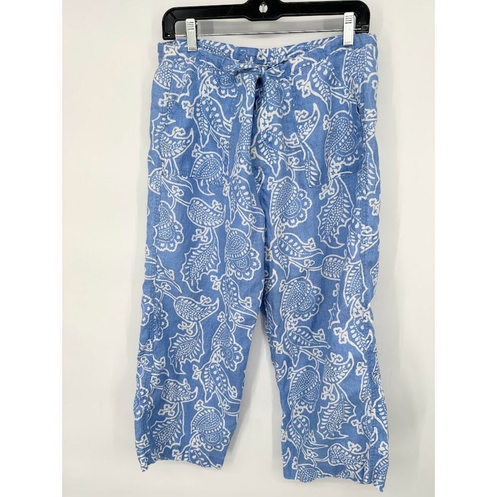 Lands End Linen Pants Women Size 14 Blue White Pull On Crop Wide Leg Coastal
